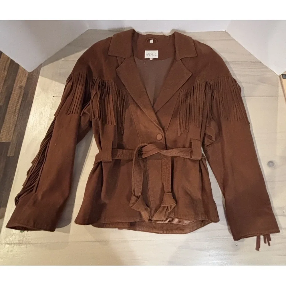 Vintage Vakko Leather Fringe Western Jacket Womens S Brown Western Cowgirl - Picture 11 of 15